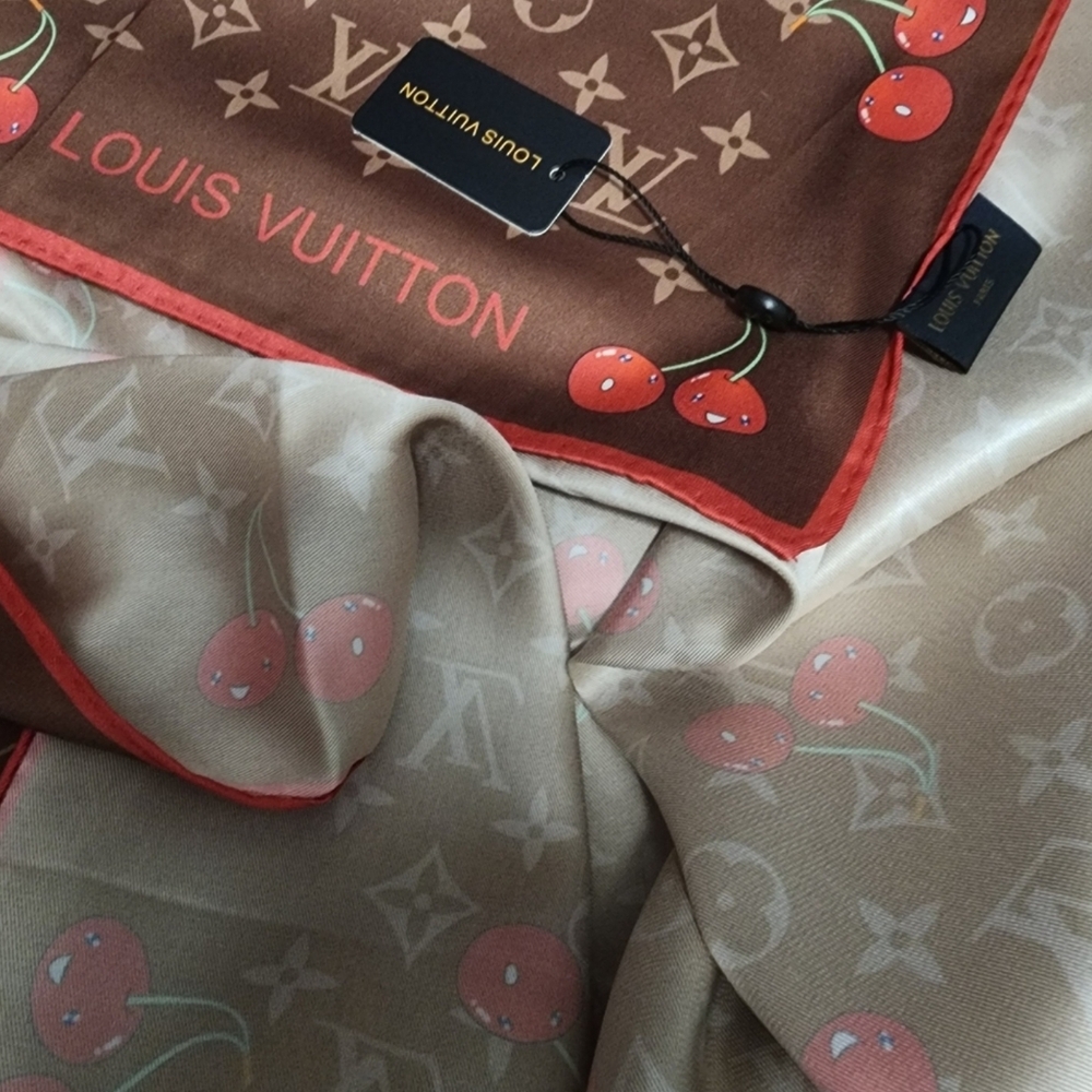 Cherry Print Scarf in Brown and Red - Picture 8 of 10